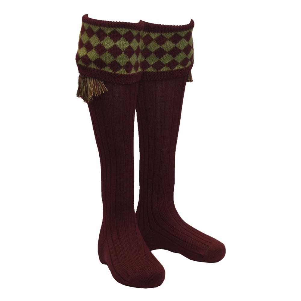 Knee High Chessboard Golf Socks made from Merino Wool with removable Garter Ties