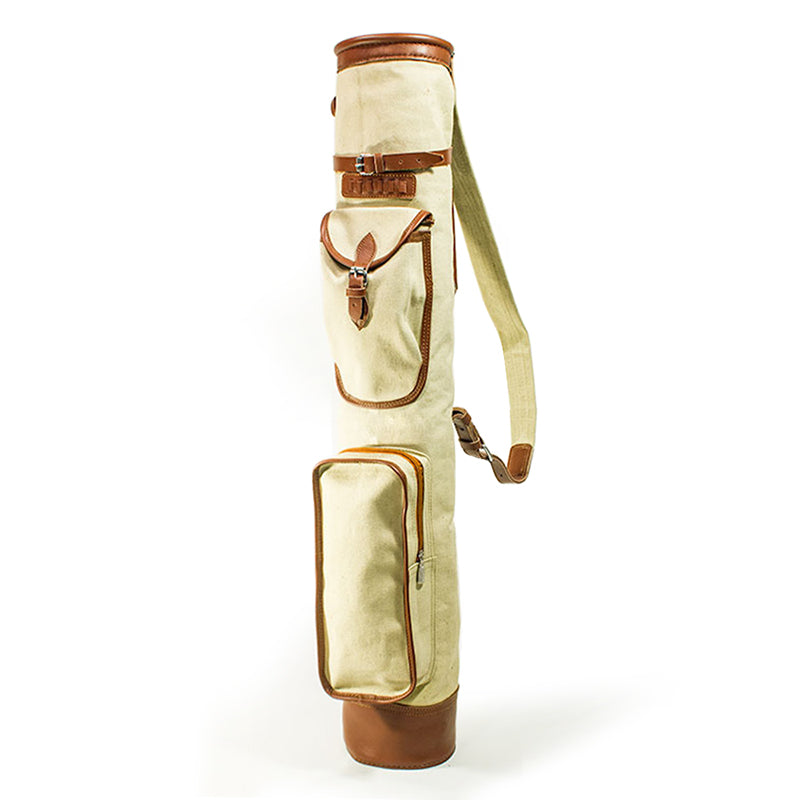 Traditional vintage-style pencil golf bag with crossed hickory wood stands.