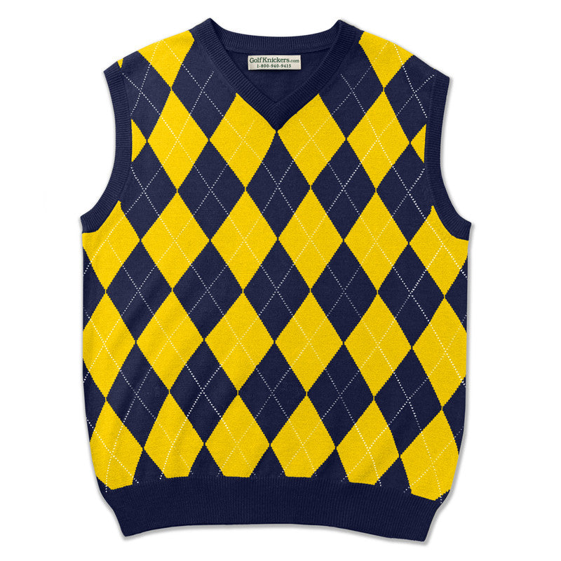 Mens Argyle Sweater Vest Navy Yellow Flat Lay – HickoryGolf