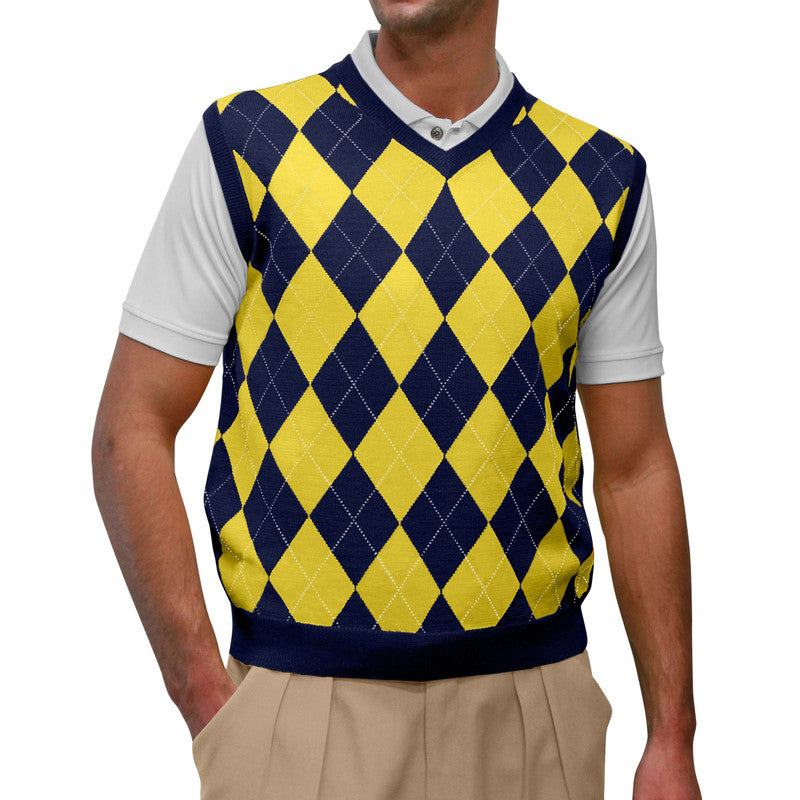 Mens Argyle Sweater Vest Navy Yellow Flat Lay – HickoryGolf