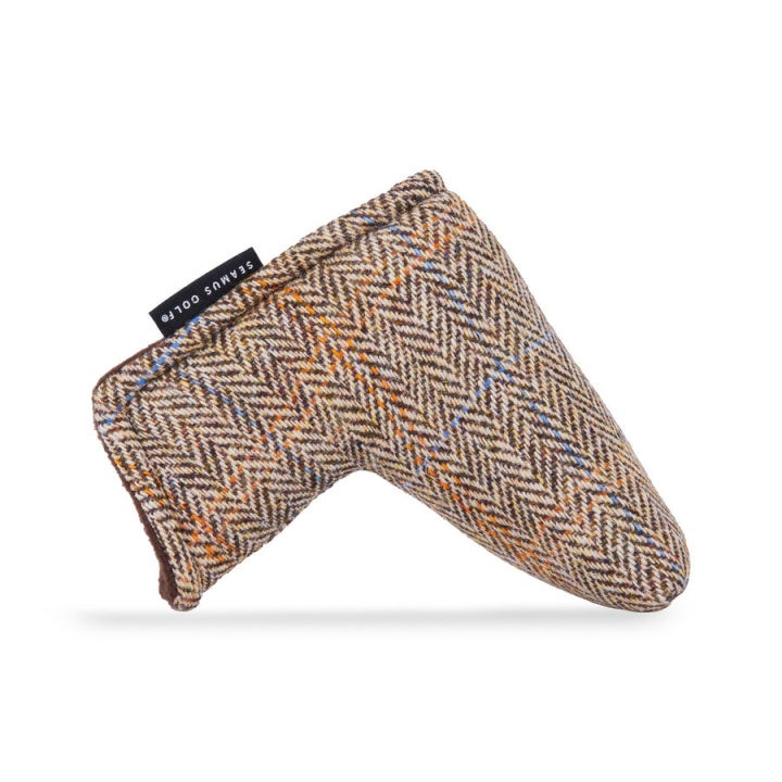 Detailed view of Glen Plaid Brown Harris Tweed blade putter headcover, showcasing the refined herringbone pattern with vibrant stripe accents.