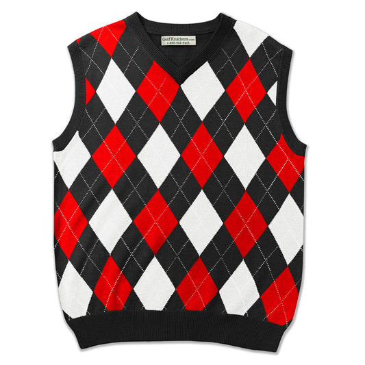 HickoryGolfStore Argyle Golf Sweater Vest in Black Red White – Classic Men’s Vintage Golf Knitwear