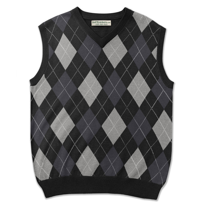 HickoryGolfStore Argyle Sweater Vest Men’s Golfwear – Black Taupe Charcoal Pattern
