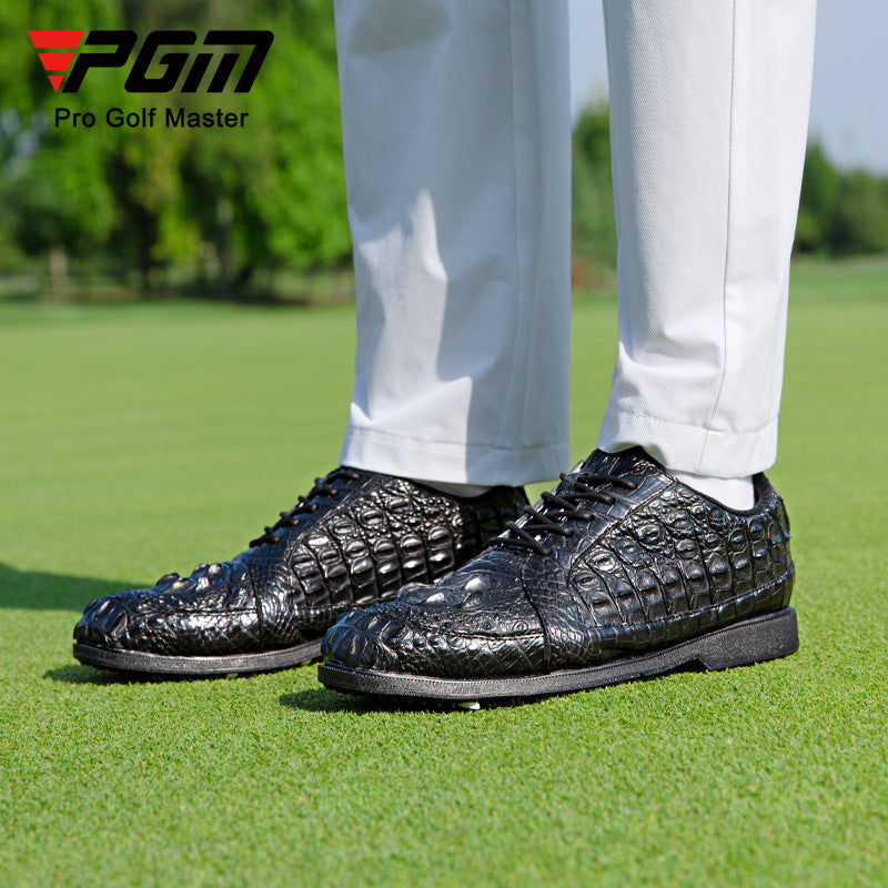 Men’s crocodile leather golf shoes by Hickory Golf Store – waterproof, anti-slip spiked golf footwear for classic gentlemen golfers.
