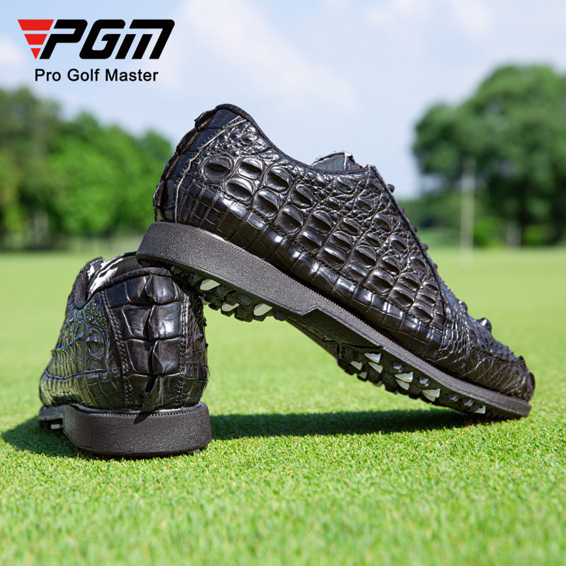 Men’s crocodile leather golf shoes by Hickory Golf Store – waterproof, anti-slip spiked golf footwear for classic gentlemen golfers.