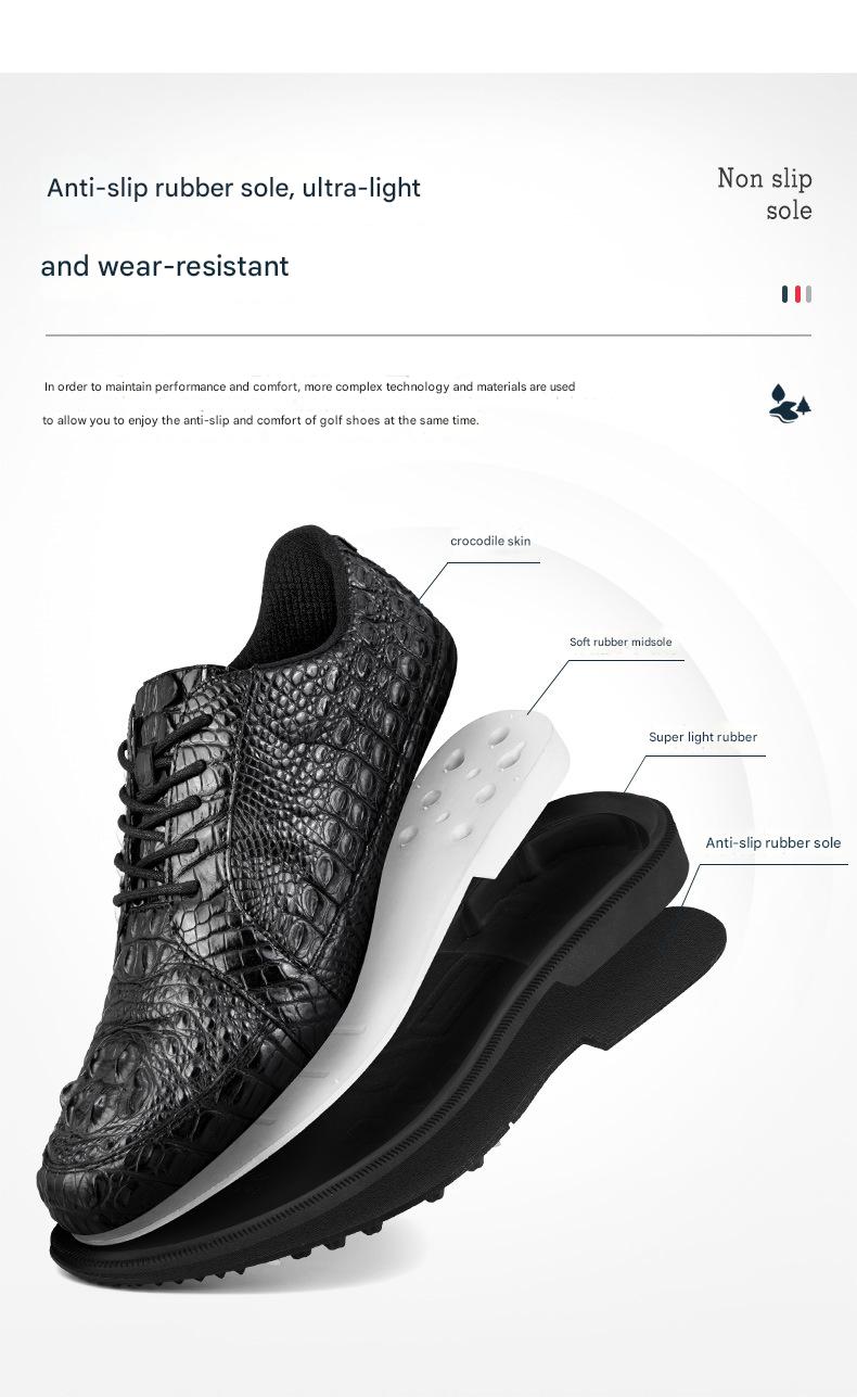 Men’s crocodile leather golf shoes by Hickory Golf Store – waterproof, anti-slip spiked golf footwear for classic gentlemen golfers.