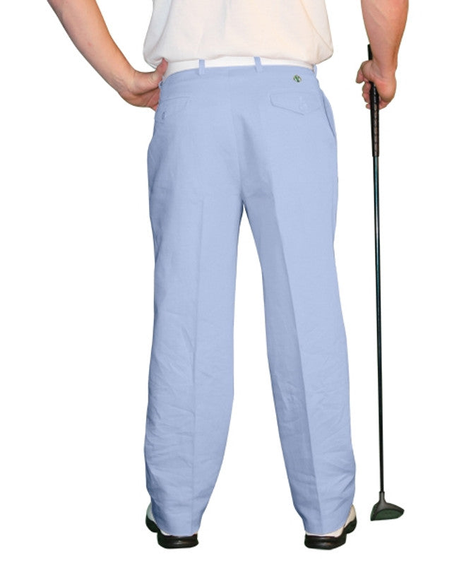 HickoryGolfStore Par 4 men’s Light Blue golf trousers, cotton/ramie with knee lining, fitted waist and ball marker
