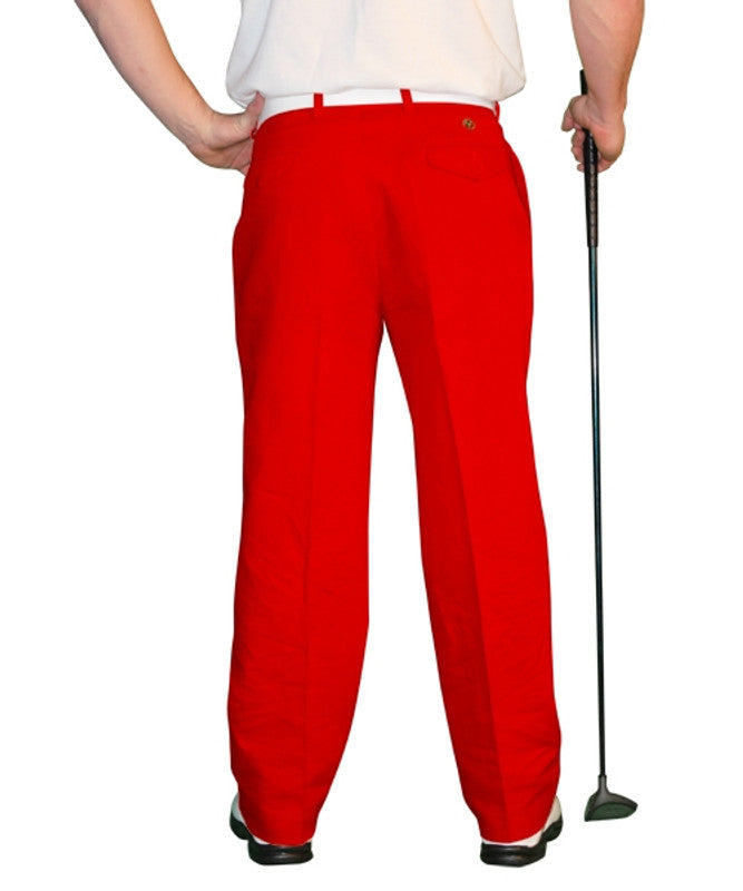 HickoryGolfStore Par 4 men’s Red golf trousers, cotton/ramie with knee lining, fitted waist and ball marker