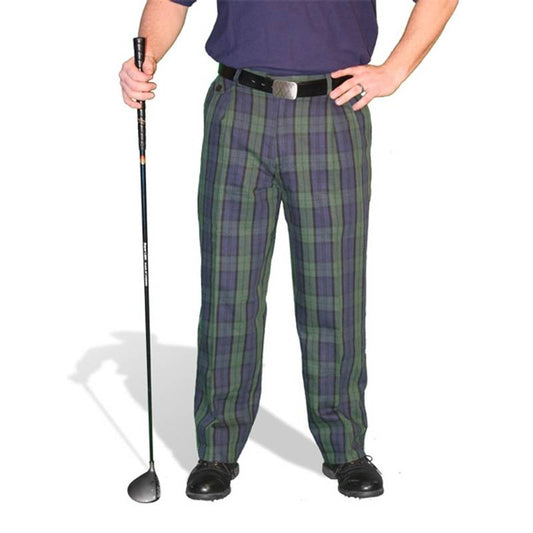 HickoryGolfStore Par 5 men’s black watch plaid golf pants, cotton/ramie with knee lining and ball marker