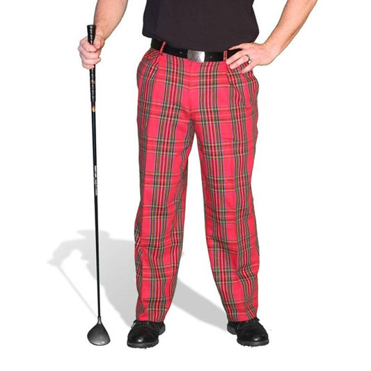 HickoryGolfStore Par 5 men’s Royal Stewart plaid golf pants, cotton/ramie with knee lining and ball marker