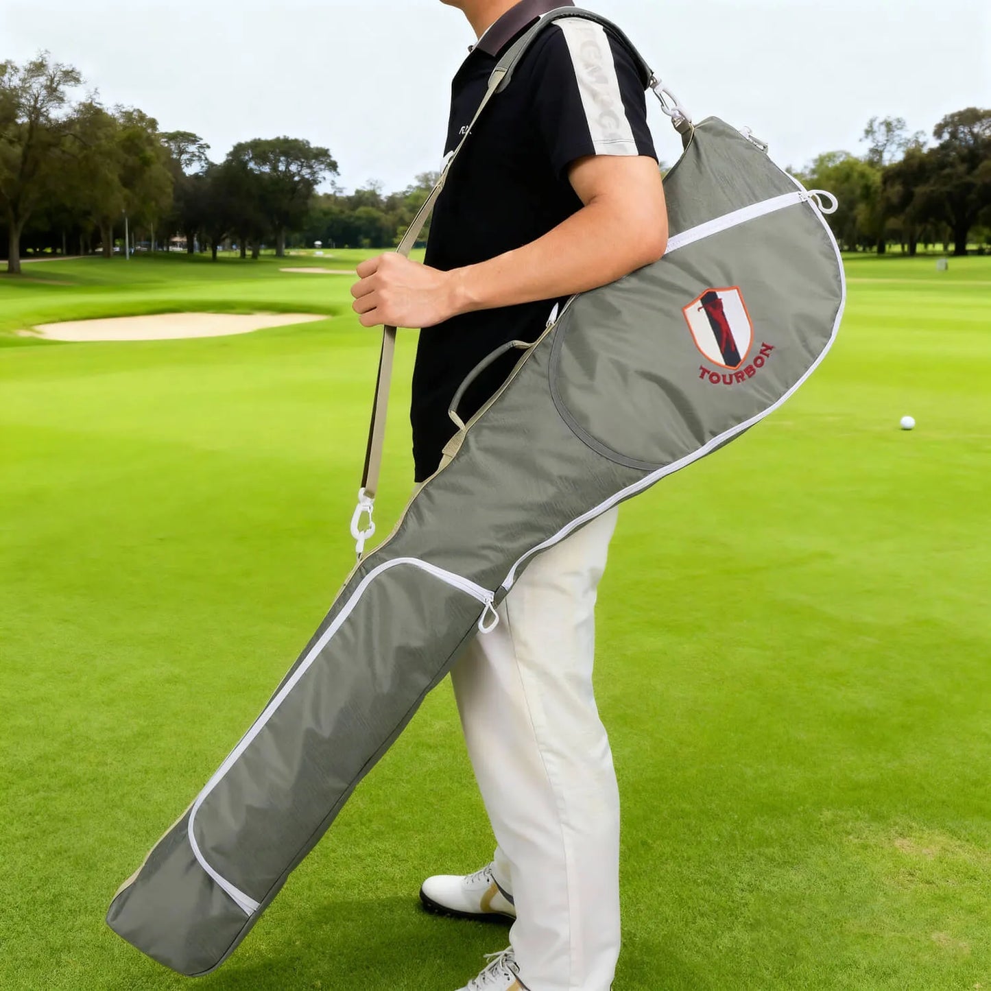Lightweight green Sunday golf bag for carrying 3 to 8 clubs to the range short course or hickory golf round