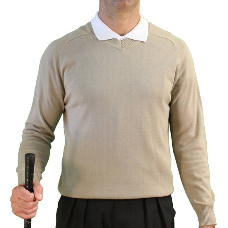 HickoryGolfStory Long Sleeve Solid Golf Sweater Mens Khaki Cotton Pullover