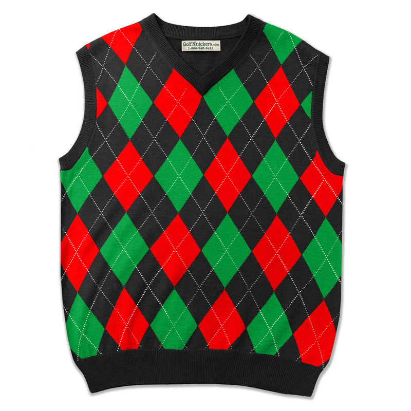 Men’s Argyle Golf Sweater Vest Black Red Lime – Stylish Modern Golf Vest HickoryGolfStore