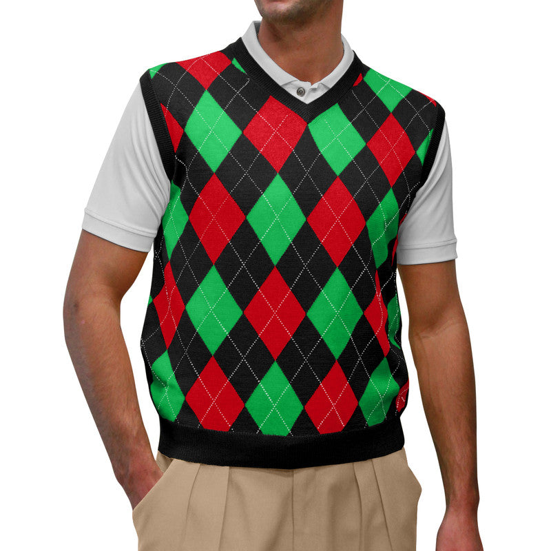 Men’s Argyle Golf Sweater Vest Black Red Lime – Stylish Modern Golf Vest HickoryGolfStore