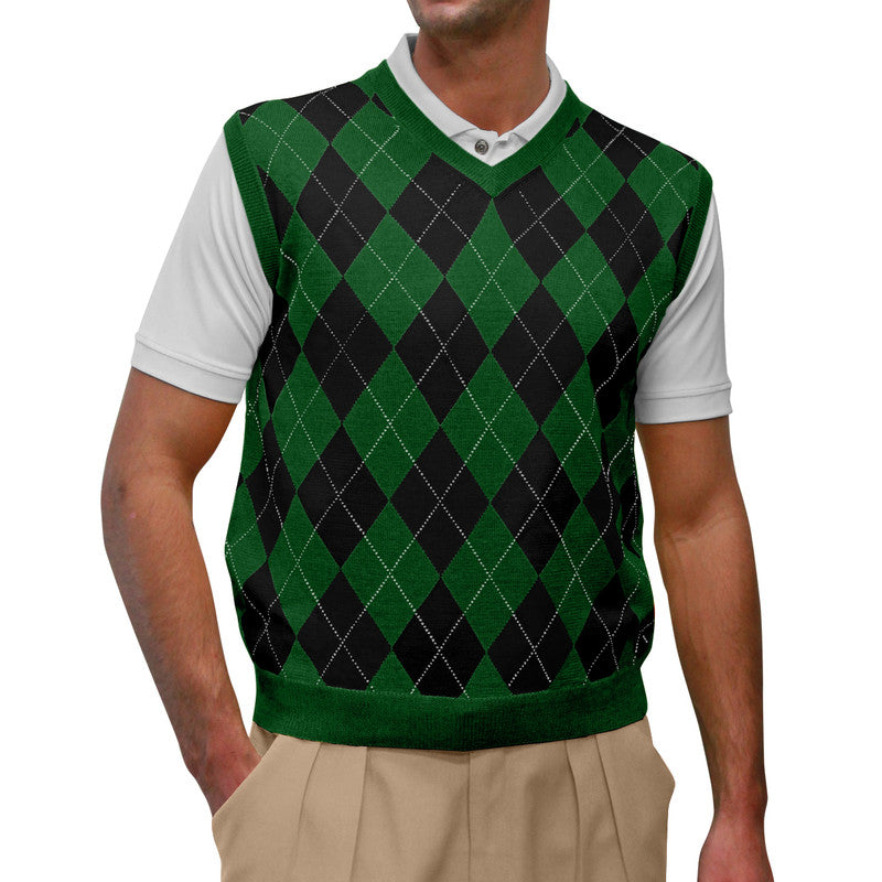 Men’s Argyle Golf Sweater Vest Dark Green Black – Elegant Golf Sweater Vest HickoryGolfStore