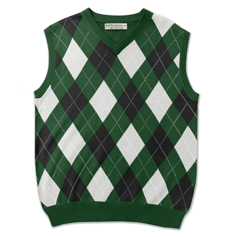 Men’s Argyle Golf Sweater Vest Dark Green Black White – Classic Golf Knitwear from HickoryGolfStore