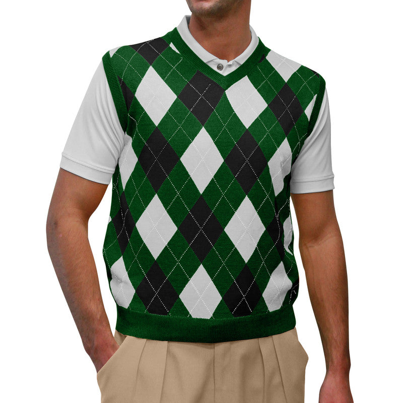 Men’s Argyle Golf Sweater Vest Dark Green Black White – Classic Golf Knitwear from HickoryGolfStore