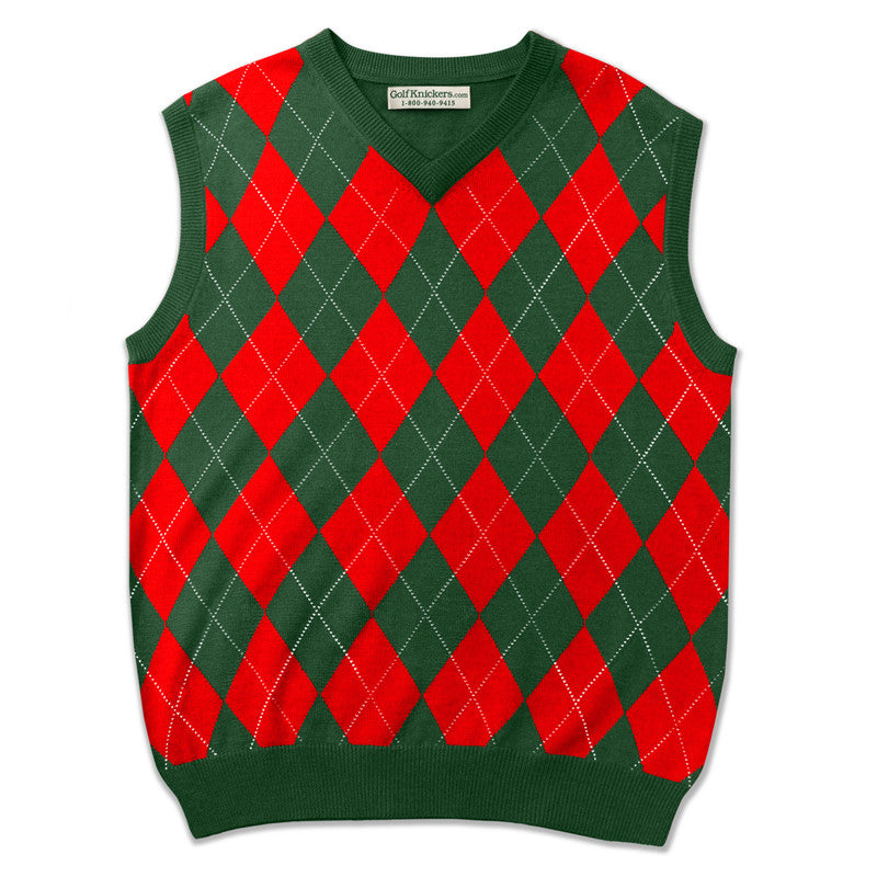 Men’s Argyle Golf Sweater Vest Dark Green Red – Classic Golf Knitwear from HickoryGolfStore