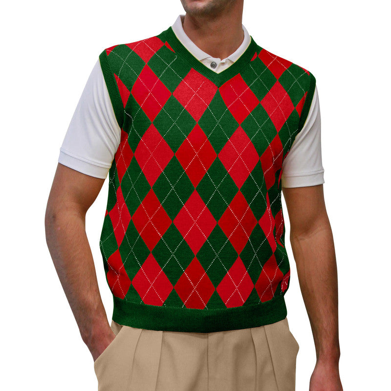 Men’s Argyle Golf Sweater Vest Dark Green Red – Classic Golf Knitwear from HickoryGolfStore