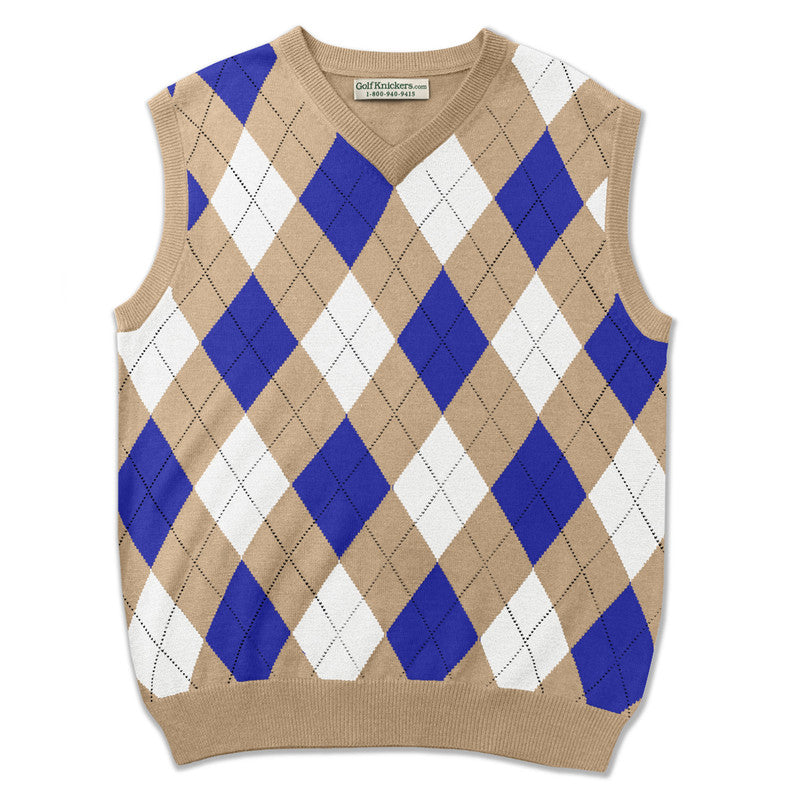 Men’s Argyle Golf Sweater Vest Khaki Royal White – Vintage Golf Knit Vest