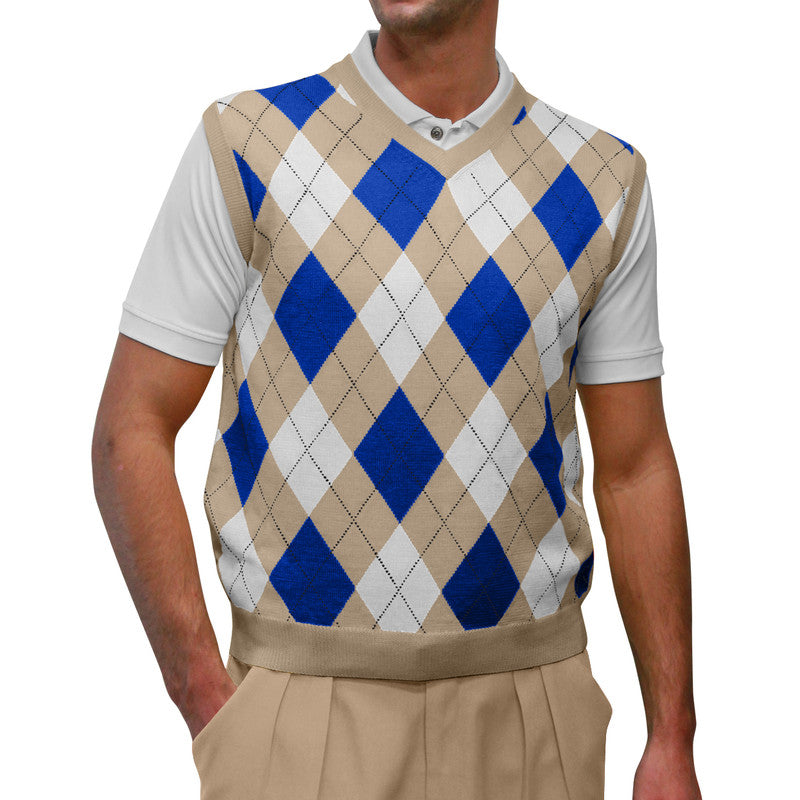Men’s Argyle Golf Sweater Vest Khaki Royal White – Vintage Golf Knit Vest