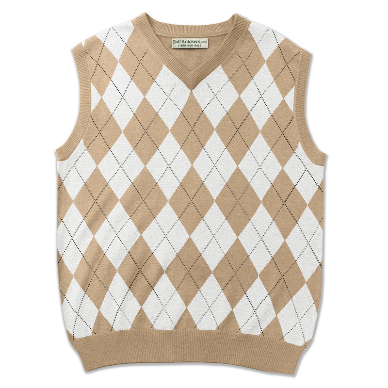 Men’s Argyle Golf Sweater Vest Khaki White – Classic Wool Blend Knitwear from HickoryGolfStore