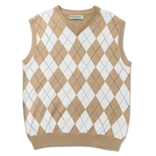 Men’s Argyle Golf Sweater Vest Khaki White – Classic Wool Blend Knitwear from HickoryGolfStore