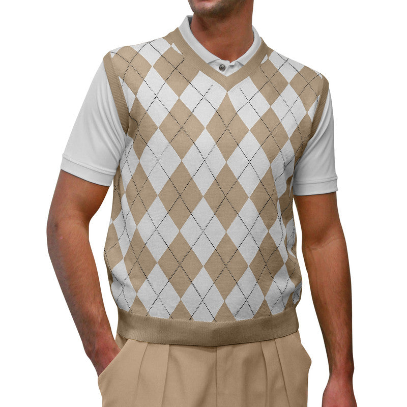 Men’s Argyle Golf Sweater Vest Khaki White – Classic Wool Blend Knitwear from HickoryGolfStore