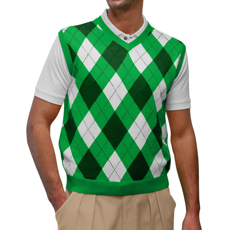 Men’s Argyle Golf Sweater Vest Lime Dark green White – Stylish Modern Golf Vest HickoryGolfStore