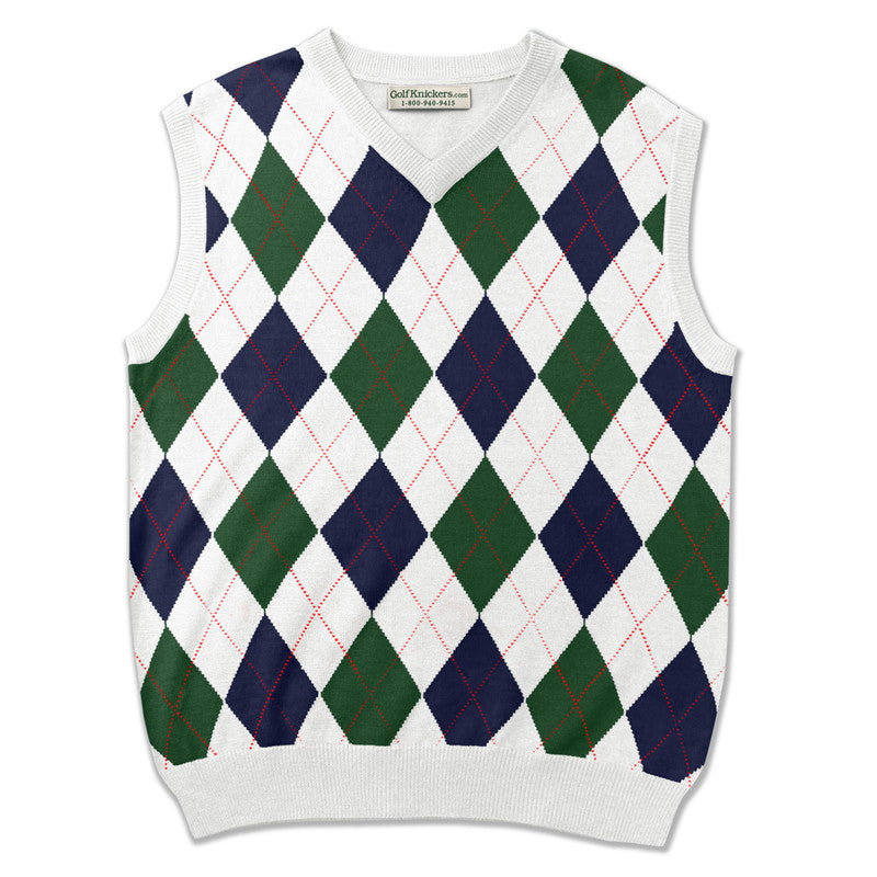 Men’s Argyle Golf Sweater Vest White Dark green Navy – Classic Golf Knitwear from HickoryGolfStore