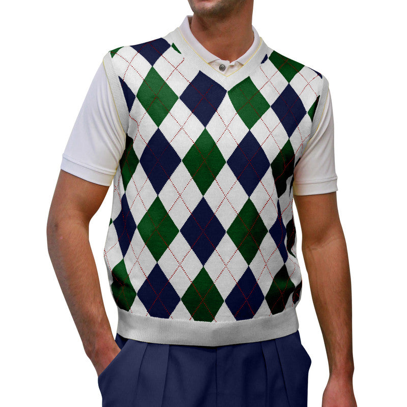 Men’s Argyle Golf Sweater Vest White Dark green Navy – Classic Golf Knitwear from HickoryGolfStore