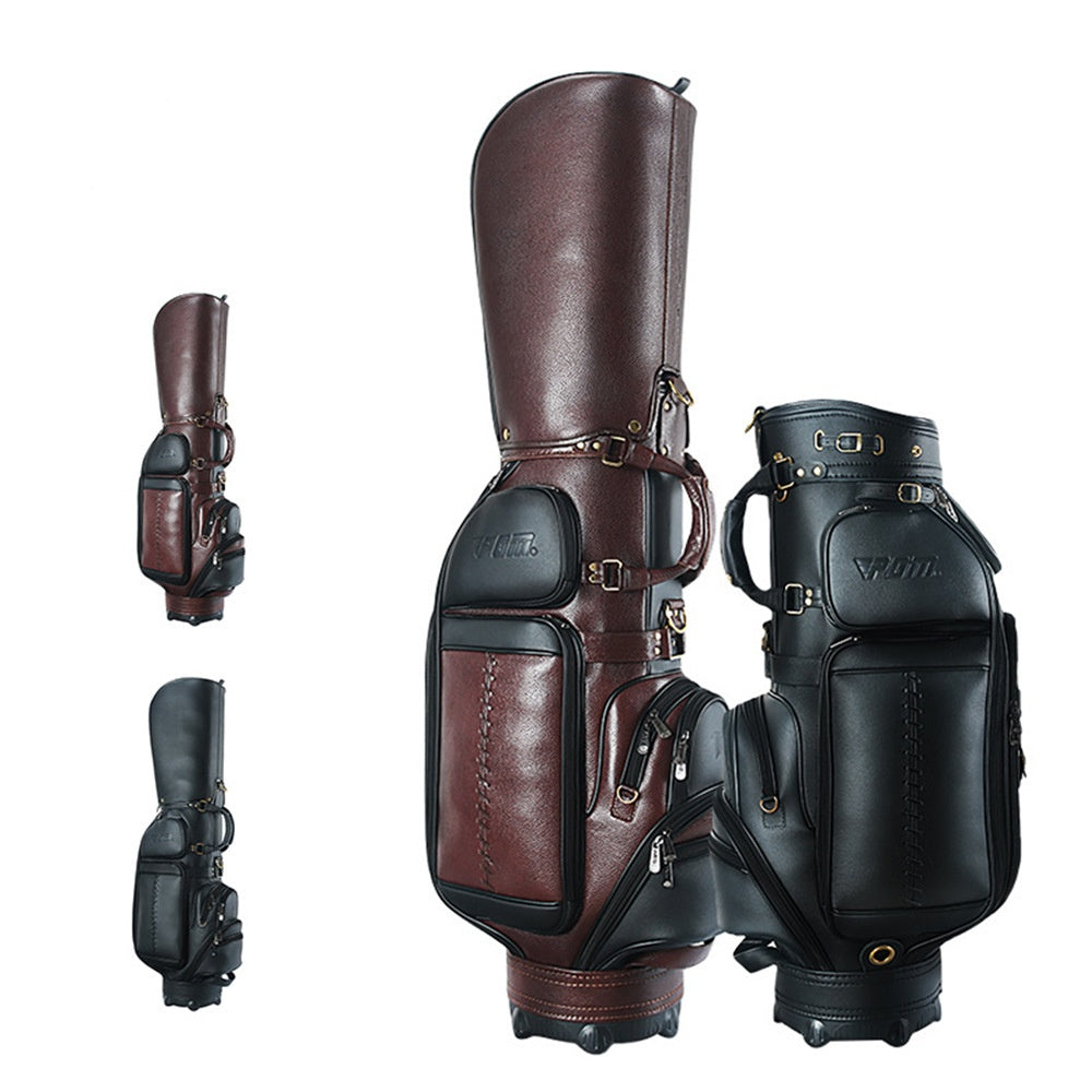 Premium Leather Golf Bag in Elegant Black, Durable and Waterproof with Secure Zippered Pockets and Non-Slip Handle.