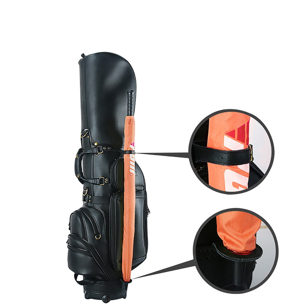 Premium Leather Golf Bag in Elegant Black, Durable and Waterproof with Secure Zippered Pockets and Non-Slip Handle.
