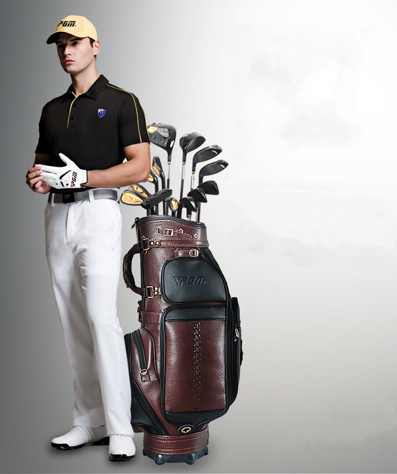 Premium Leather Golf Bag in Elegant Black, Durable and Waterproof with Secure Zippered Pockets and Non-Slip Handle.