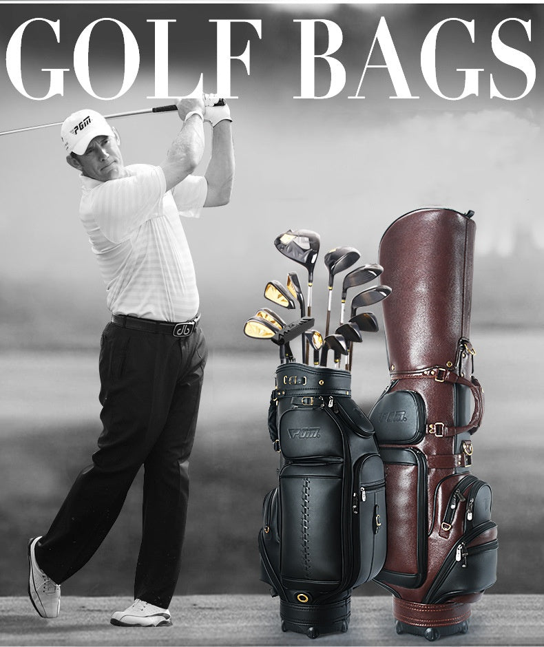 Premium Leather Golf Bag in Elegant Black, Durable and Waterproof with Secure Zippered Pockets and Non-Slip Handle.