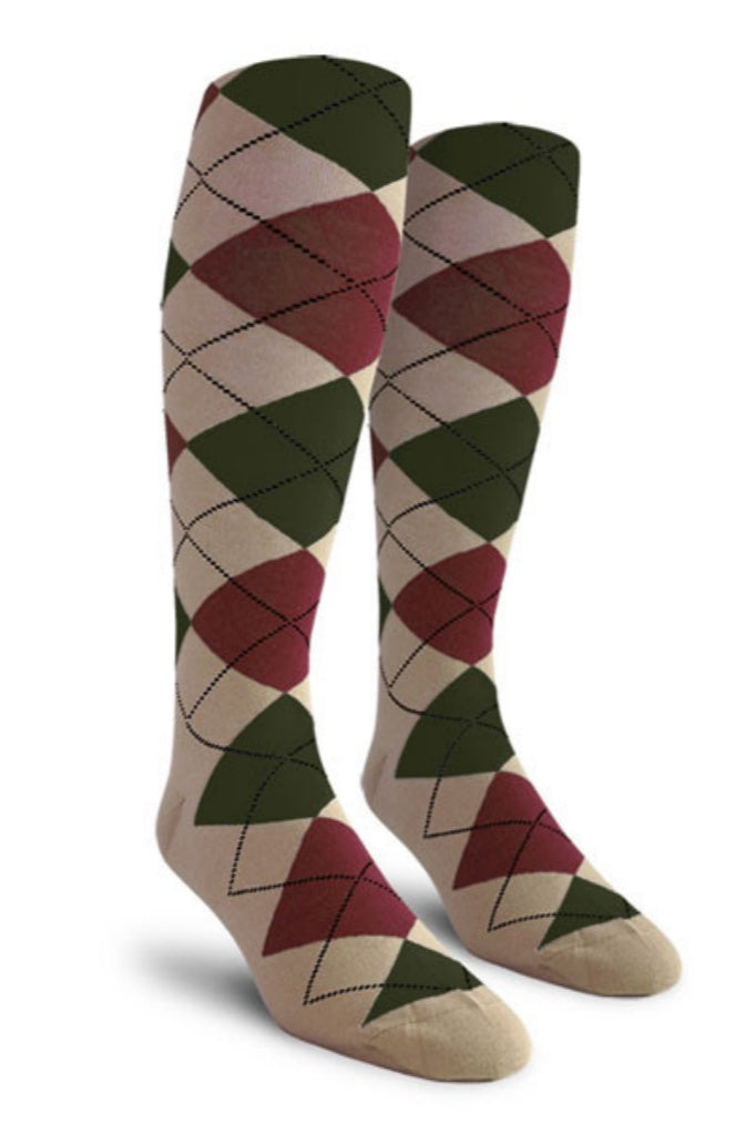 Taupe, Maroon, and Olive Argyle Knee High Golf Socks