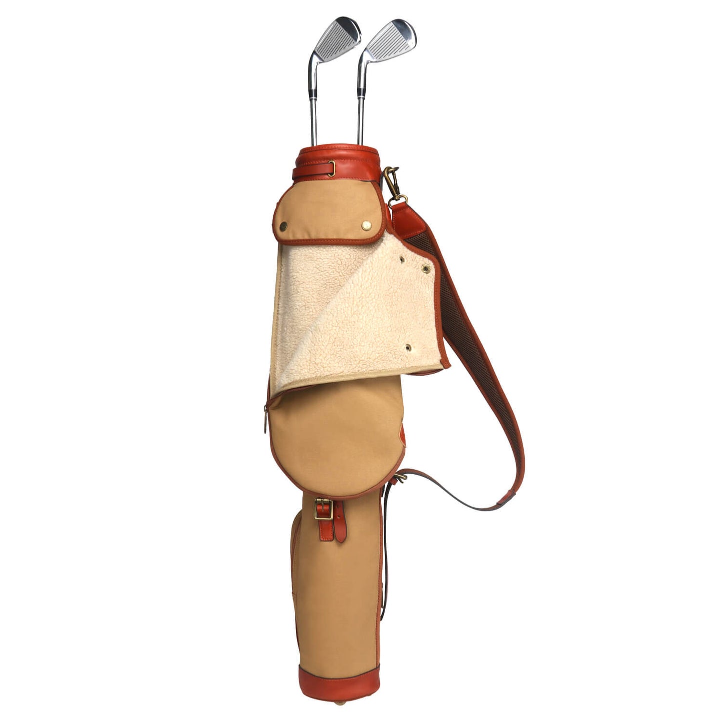 TOURBON 33" Vintage Canvas & Leather Golf Club Pencil Bag in Khaki with padded shoulder strap and spacious pockets.