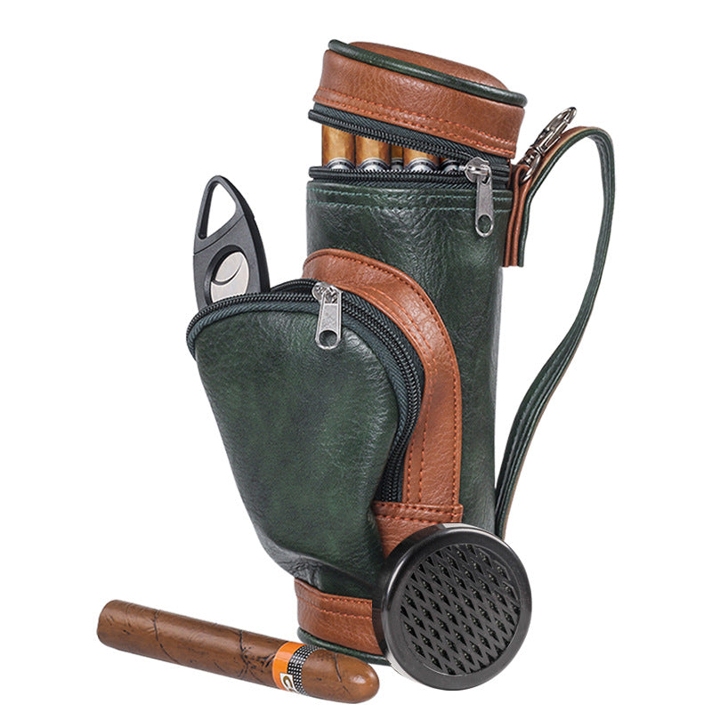 Vintage PU Leather Mini Golf Ball Cigar Bag in Green with golf balls inside