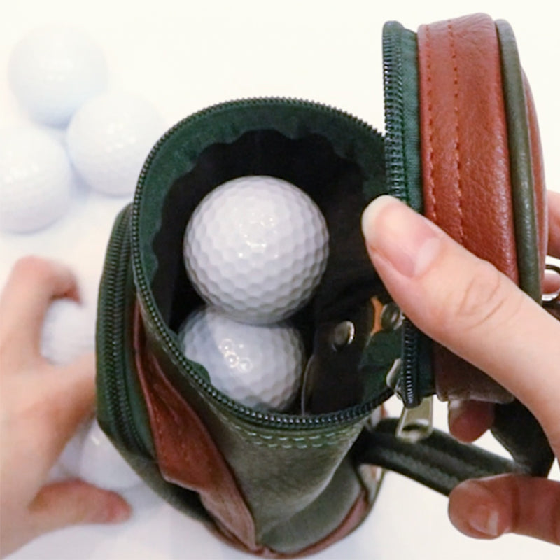 Vintage PU Leather Mini Golf Ball Cigar Bag in Green with golf balls inside