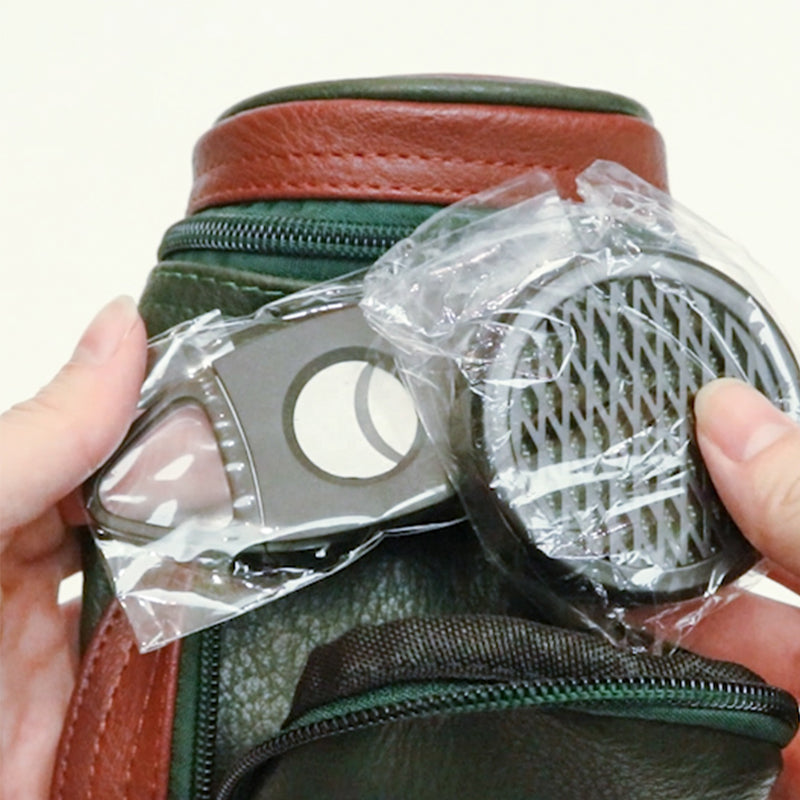 Vintage PU Leather Mini Golf Ball Cigar Bag in Green with golf balls inside