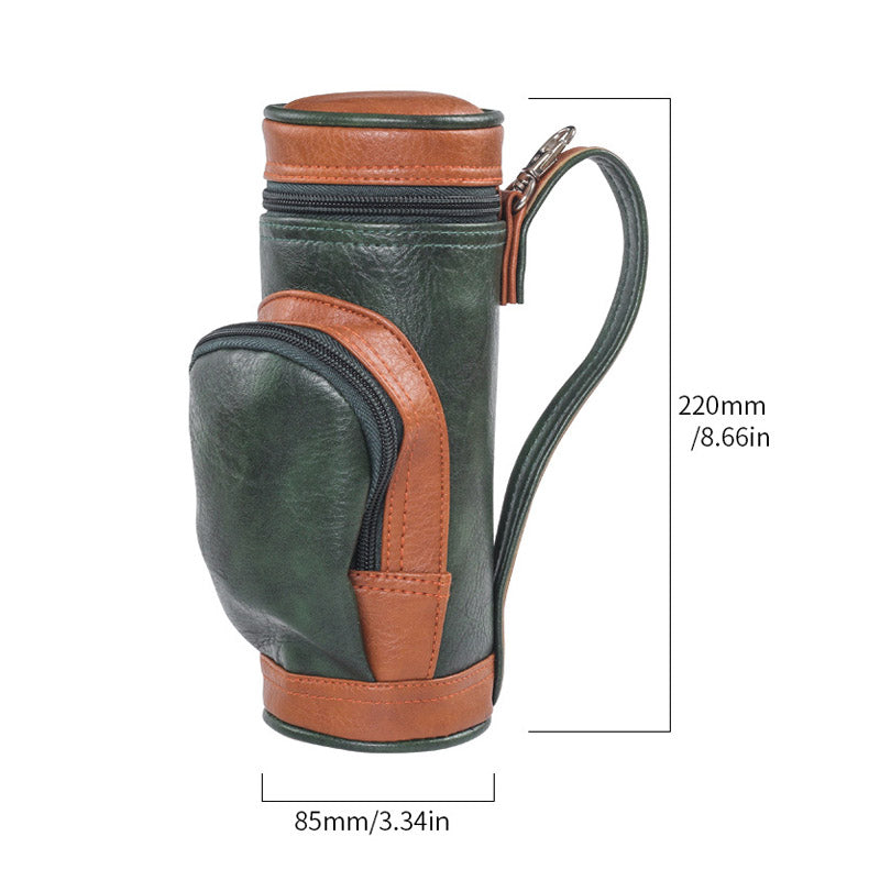 Vintage PU Leather Mini Golf Ball Cigar Bag in Green with golf balls inside