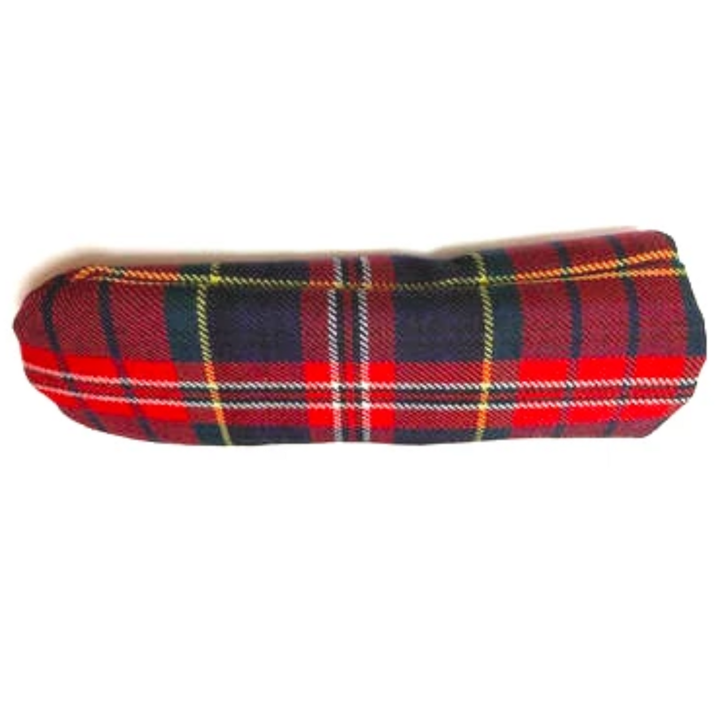 Red and navy tartan golf head cover made fro Scottish wool with gold thread throughout the classic plaid.