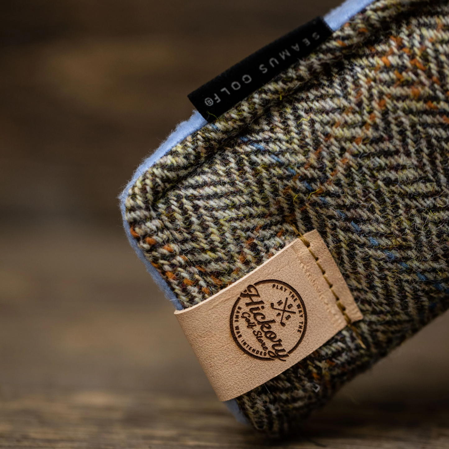 Seamus Golf - Blade Putter Head Cover made from Glen Plaid Harris Tweed Wool with Magnet Closure side view with hickory golf store logo