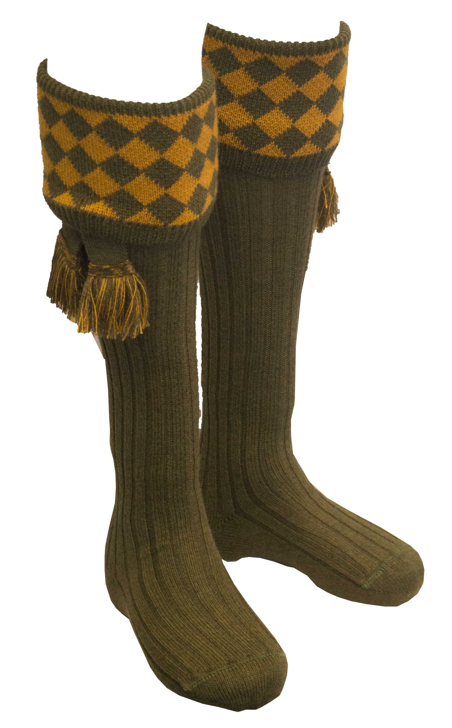 Knee High Chessboard Golf Socks made from Merino Wool with removable Garter Ties