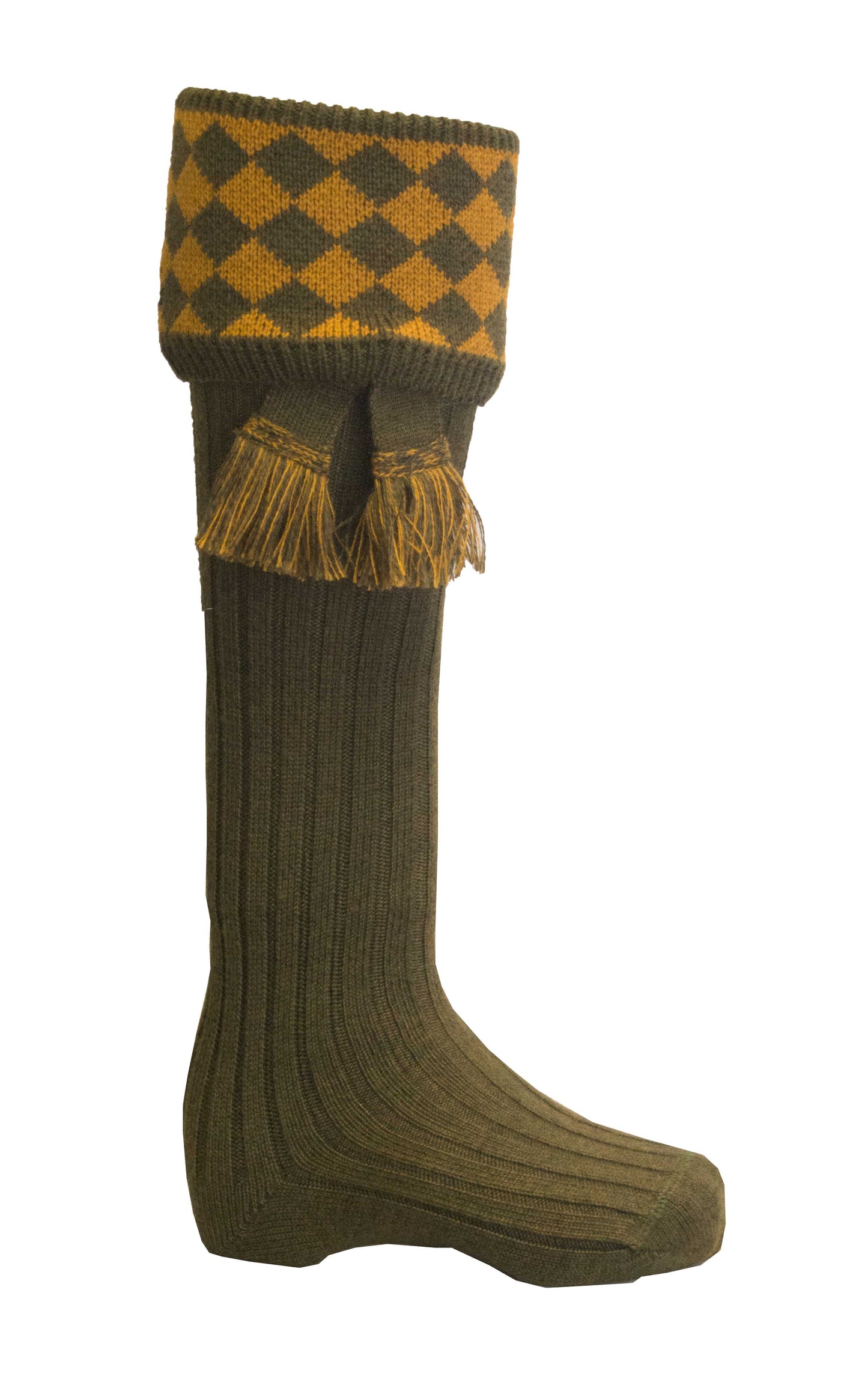 Knee High Chessboard Golf Socks made from Merino Wool with removable Garter Ties