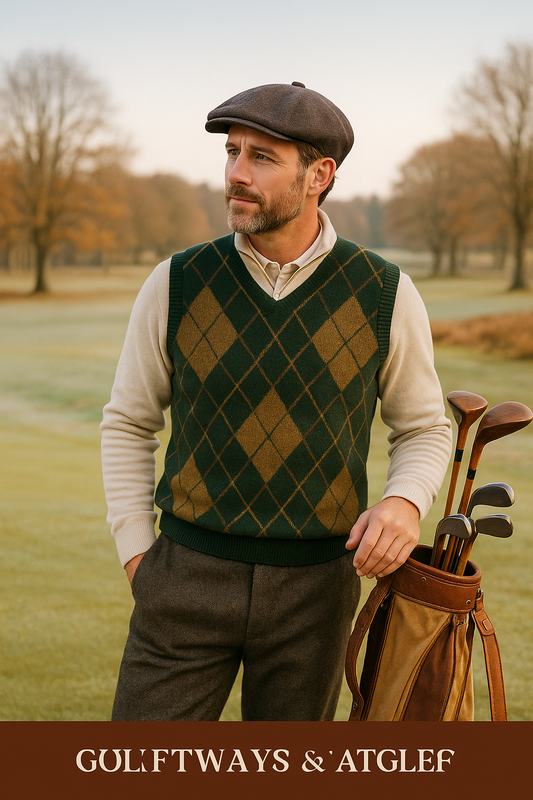 Golfer im Winter-Outfit auf einem frostigen Golfplatz – trägt Merino-Pullover, Argyle-Weste und Tweed-Mütze. Stilvolle britische Golfmode von HickoryGolfStore