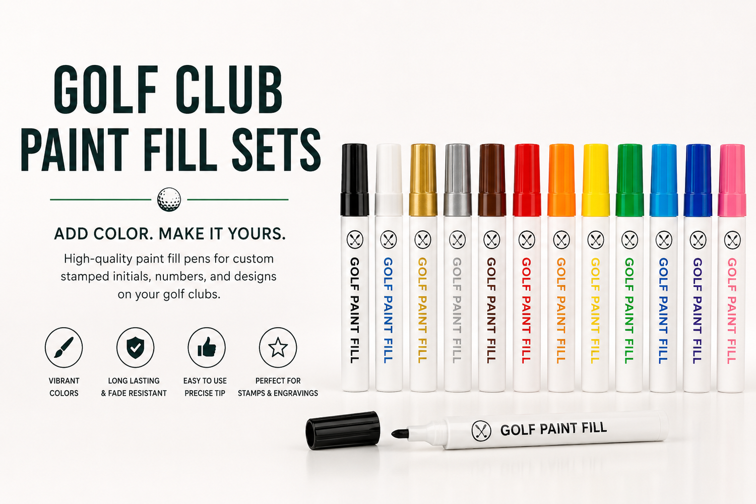 Golf club paint fill sets and custom golf club paint pens for putters, wedges, stamped initials, engravings, and DIY golf club customization