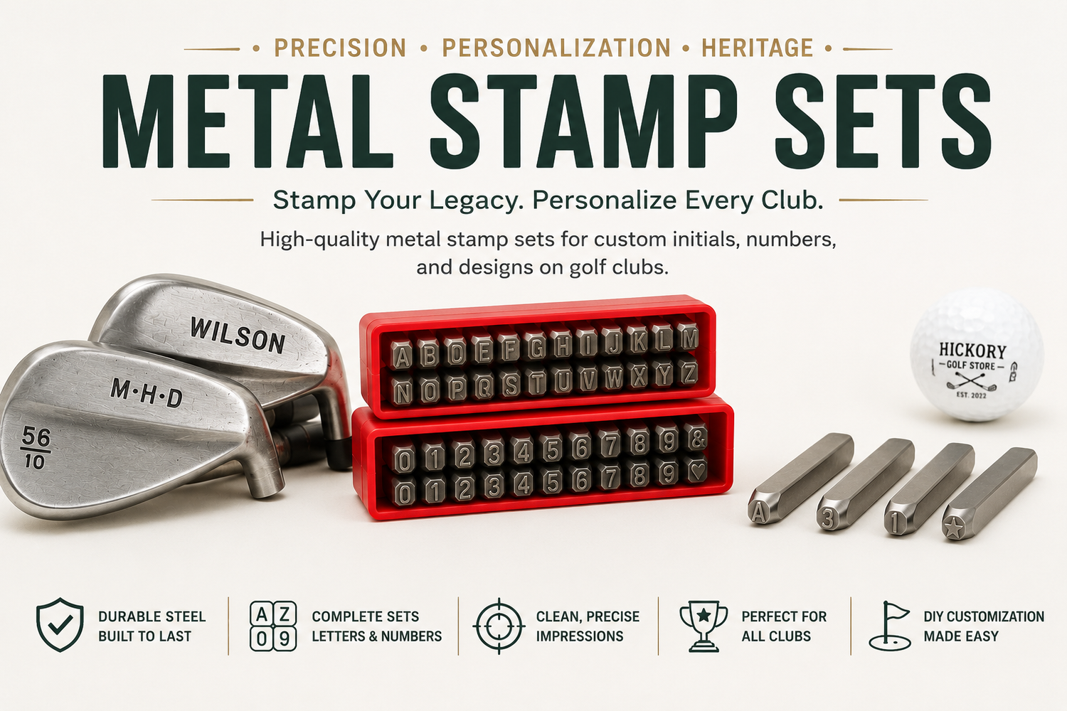 Golf club stamping kits, wedge customization tools, golf club paint fill sets, DIY engraving accessories, and golf club personalization kits for putters, irons, wedges, and hickory golf clubs
