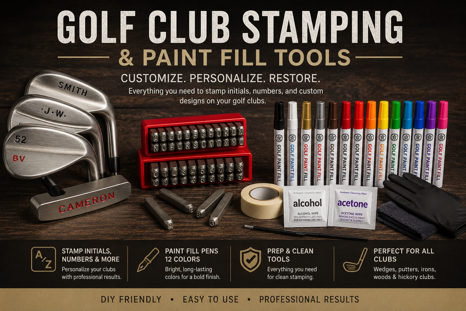 Golf club stamping tools, golf club paint fill pens, wedge engraving kits, custom golf club personalization accessories, and DIY golf club customization supplies for wedges, putters, irons, and hickory golf clubs