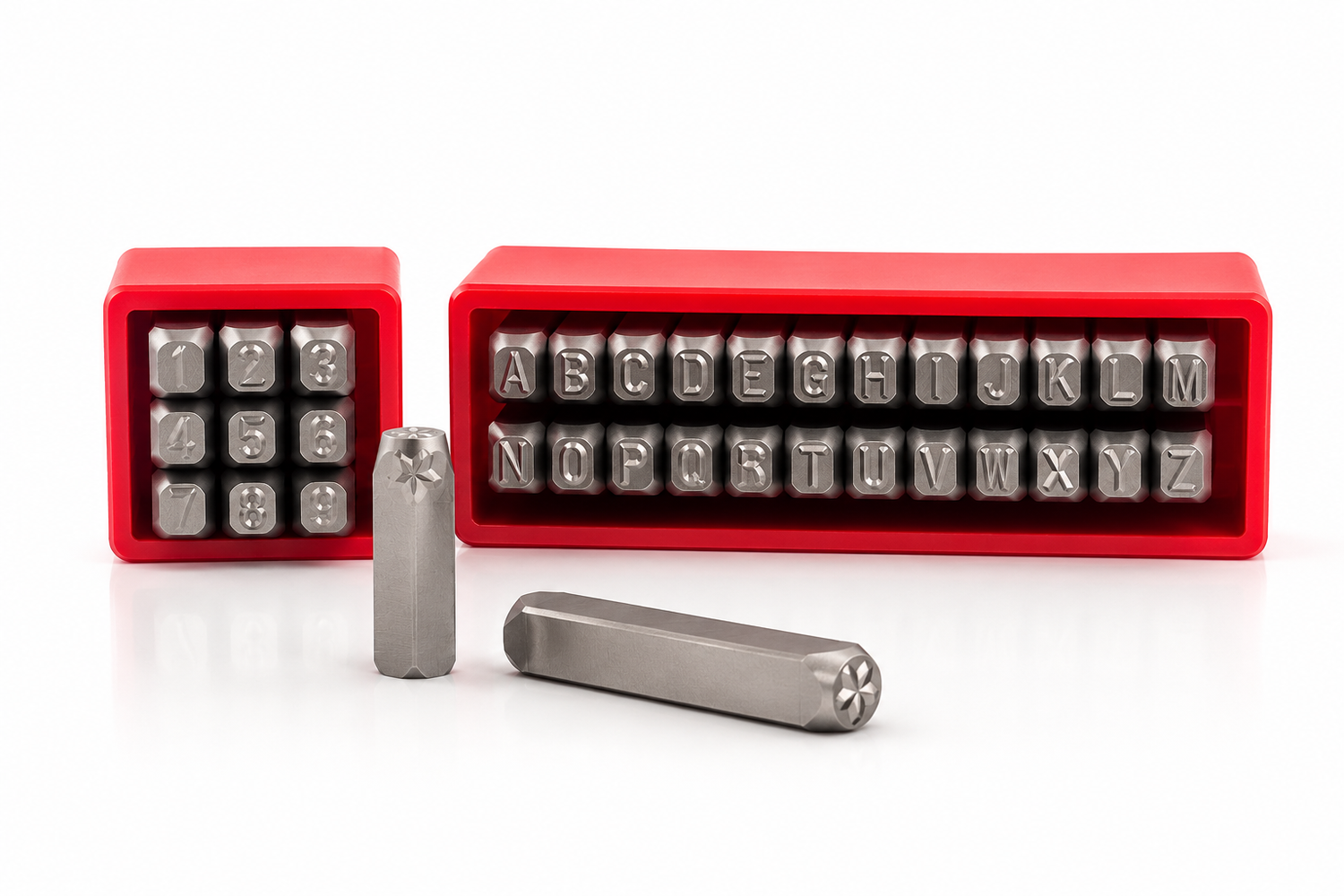Metal stamp sets for golf club customization, including 3mm and 4mm letter and number stamps for wedges, putters, irons, and hickory golf clubs
